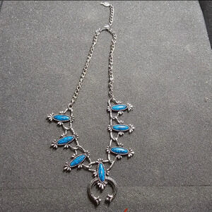 Sarah Coventry Blue Cloud Faux Turquoise Squash Blossom Necklace 14 Inches Long